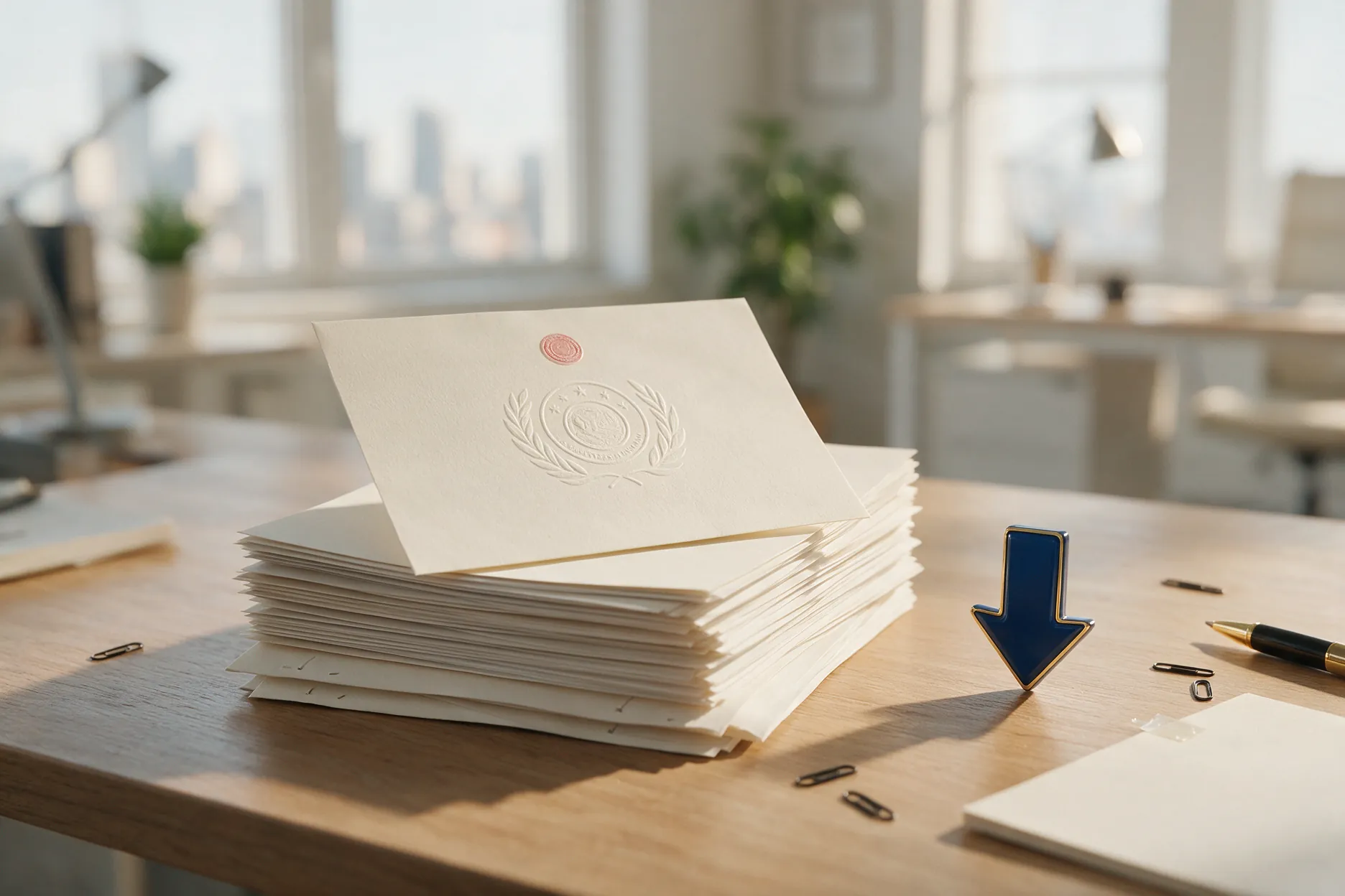 Stack of renewal invoices with a fee reduction motif