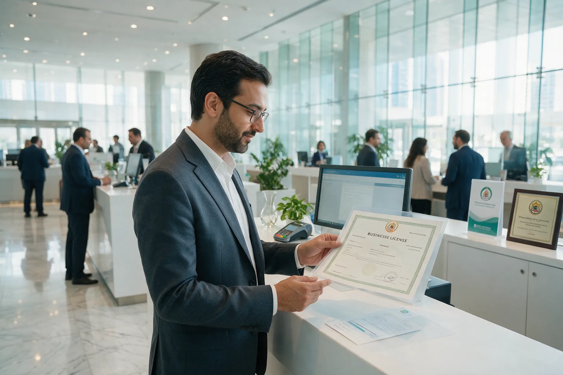 Business owner reviewing a licence certificate at a kiosk