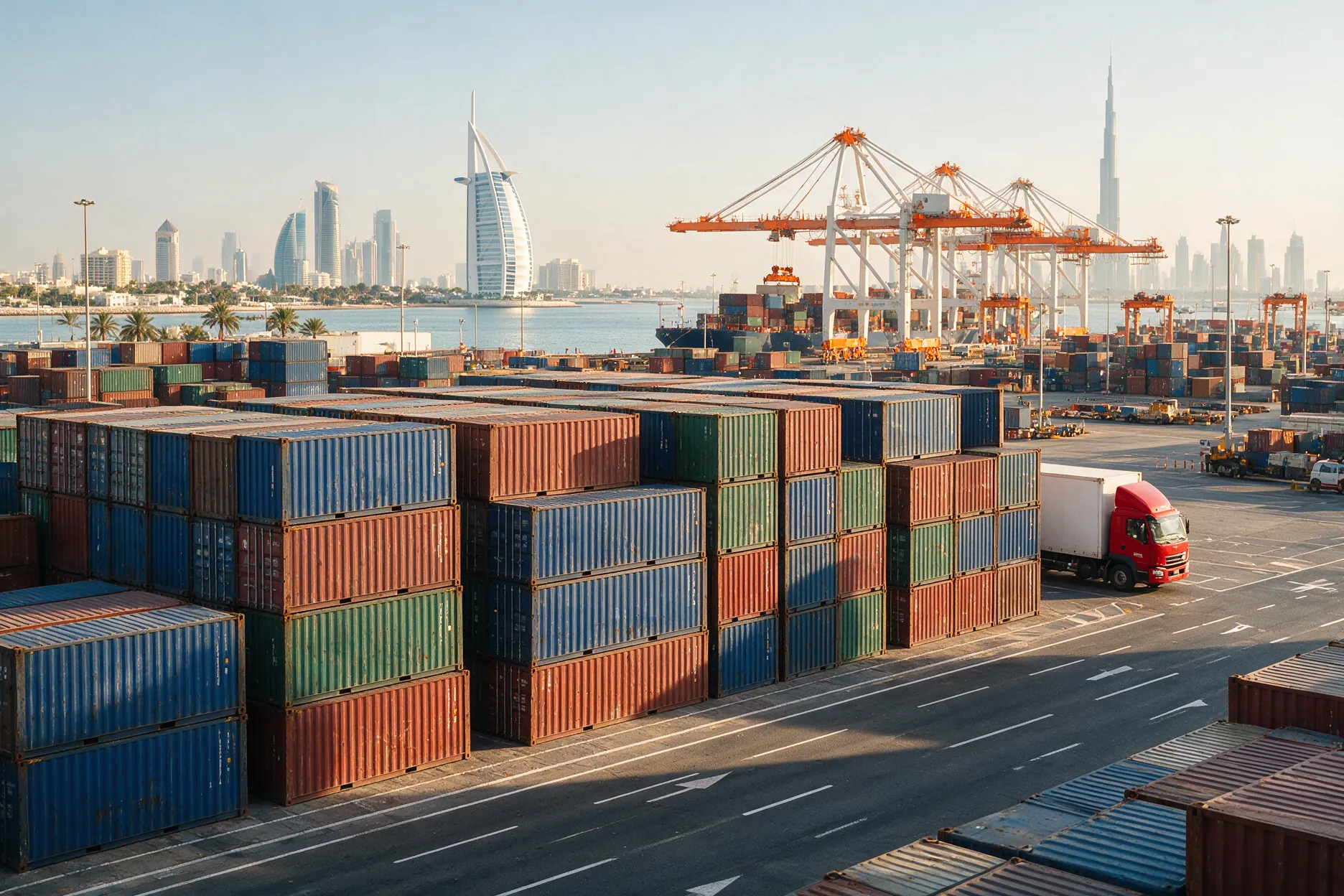Cargo containers and a distribution truck at a UAE port