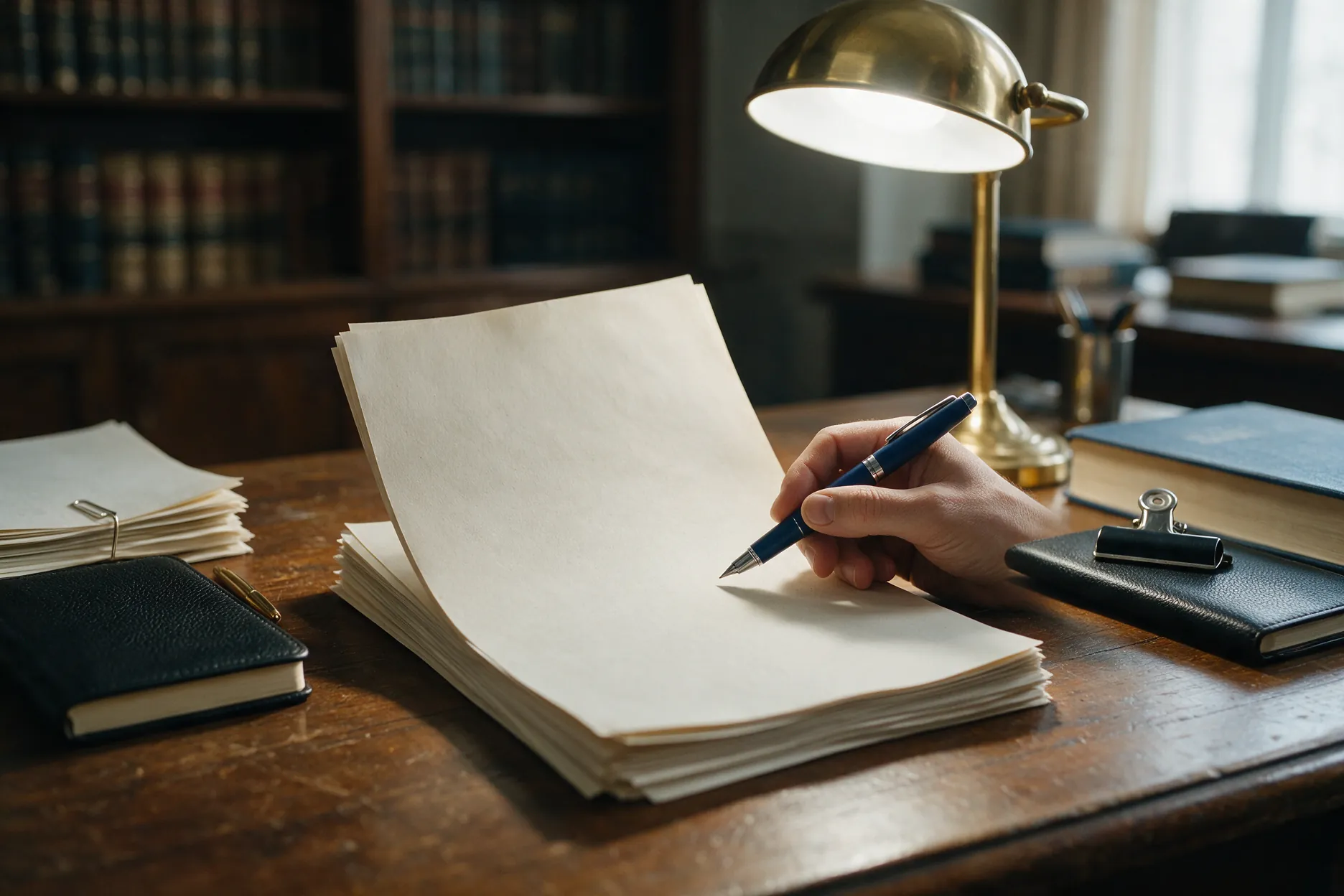 Lawyer reviewing a contract document with a pen