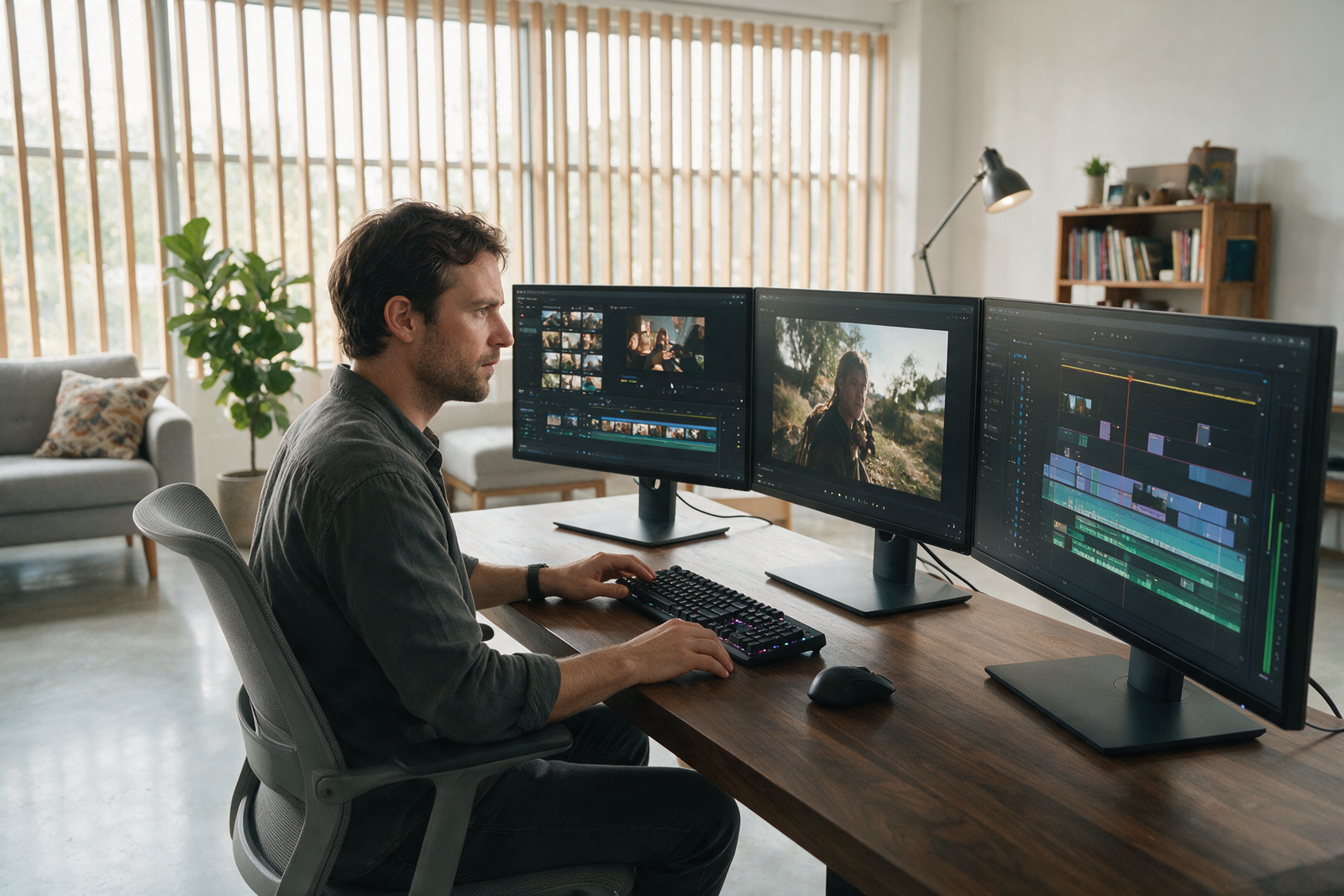 Podcaster recording in a sleek modern home studio