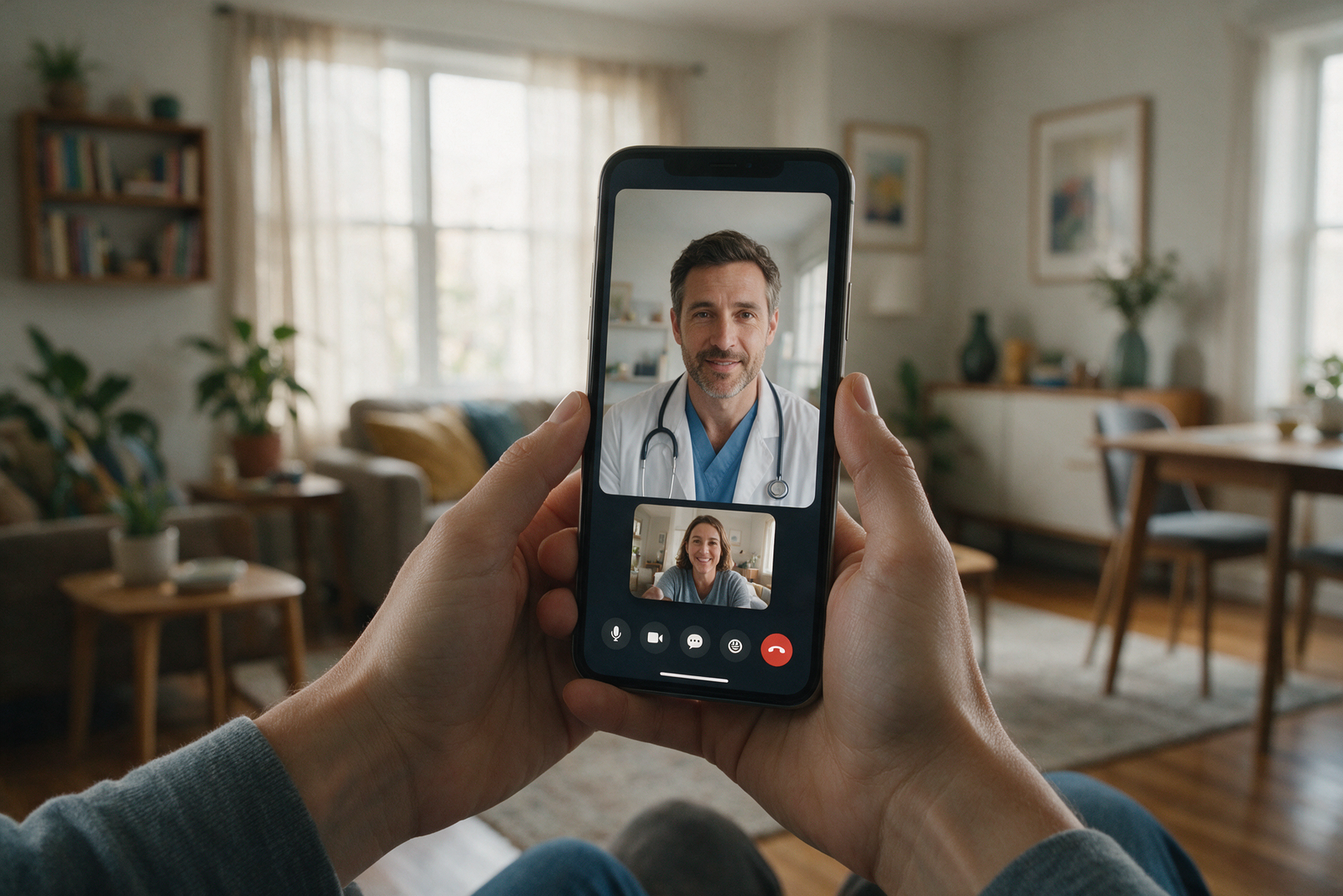Smartphone showing a telehealth video call interface at home