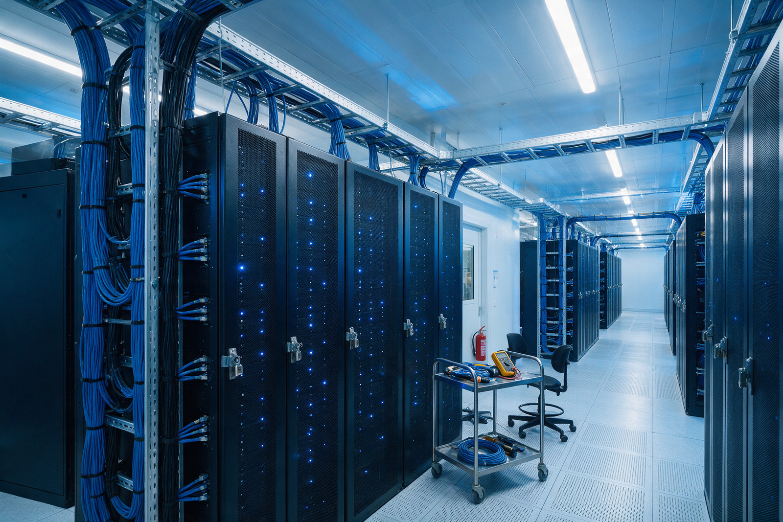 Modern hospital server room with organized network cables