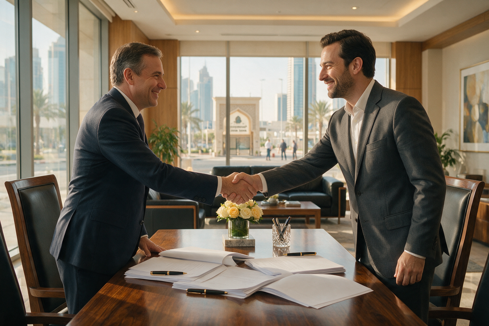 Businessperson shaking hands with a free zone official at a signing table