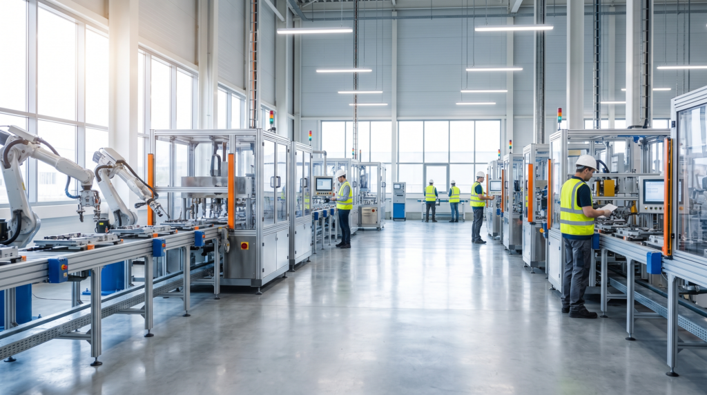 Factory production line interior with modern machinery