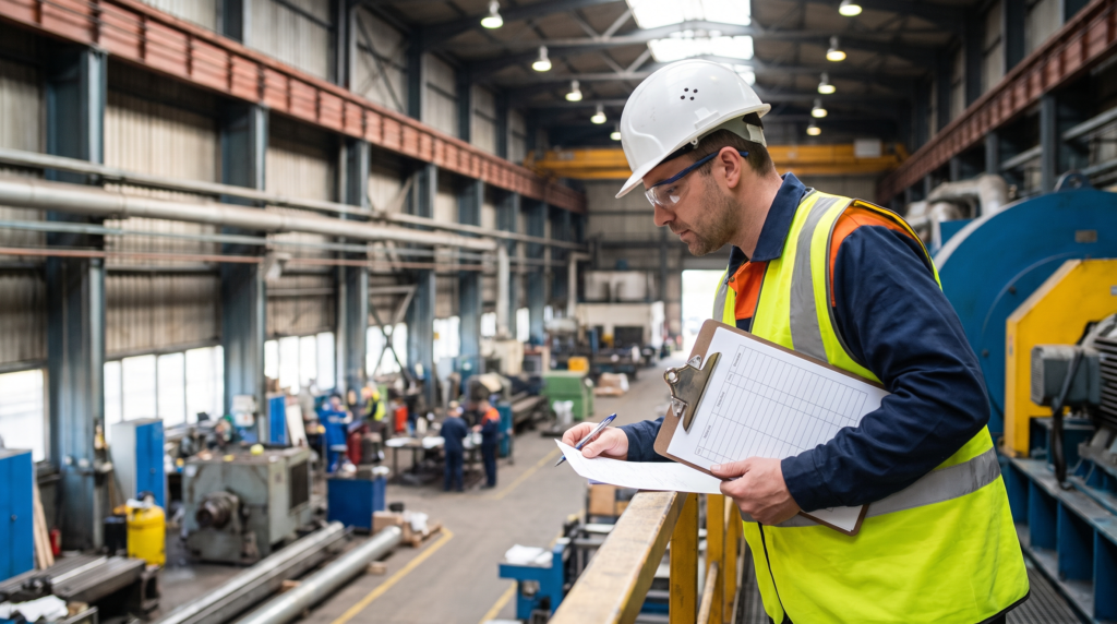 Safety inspector wearing a hard hat reviewing a clipboard checklist in a factory