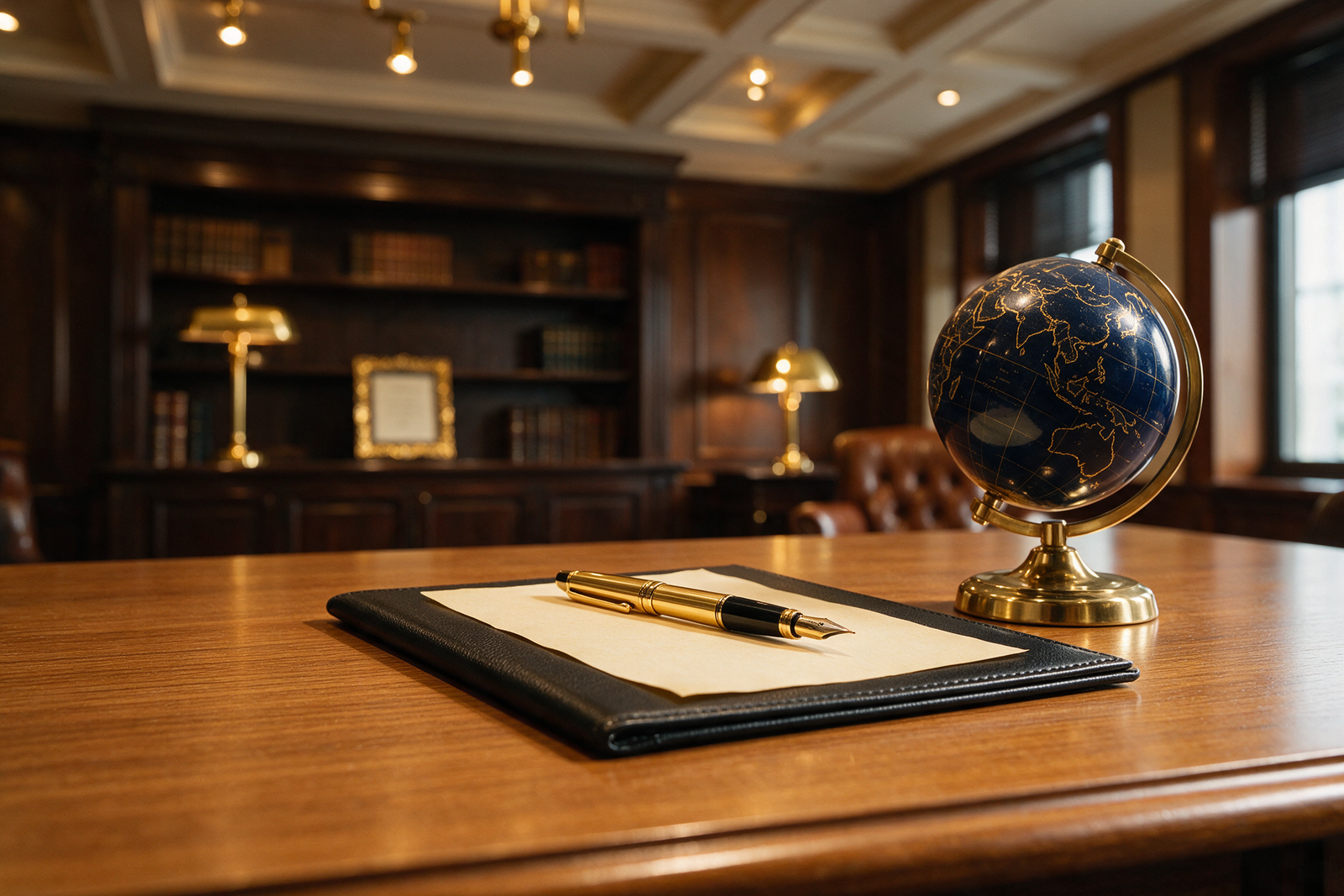 Corporate signing table with globe representing offshore company incorporation documentation