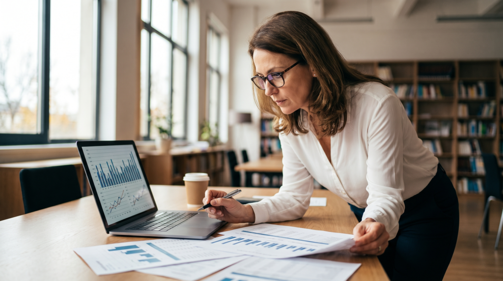 Accountant reviewing revenue classification and financial charts
