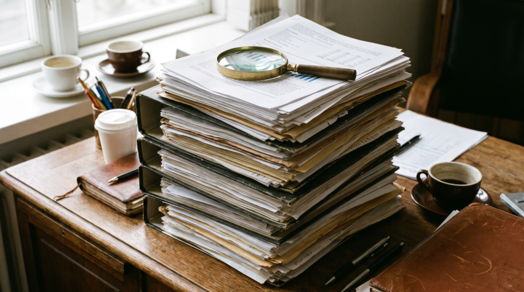 Stack of audit binders and financial documents with a magnifying glass
