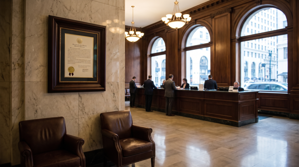 Bank building lobby interior with a legal certificate and official seal document