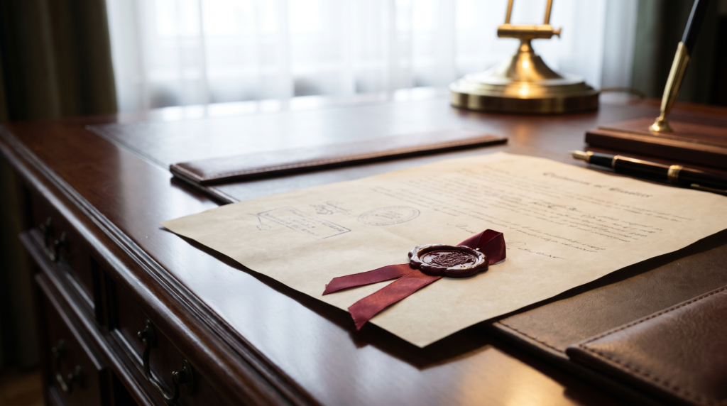 Redomiciliation legal certificate with an official ribbon seal on an executive desk