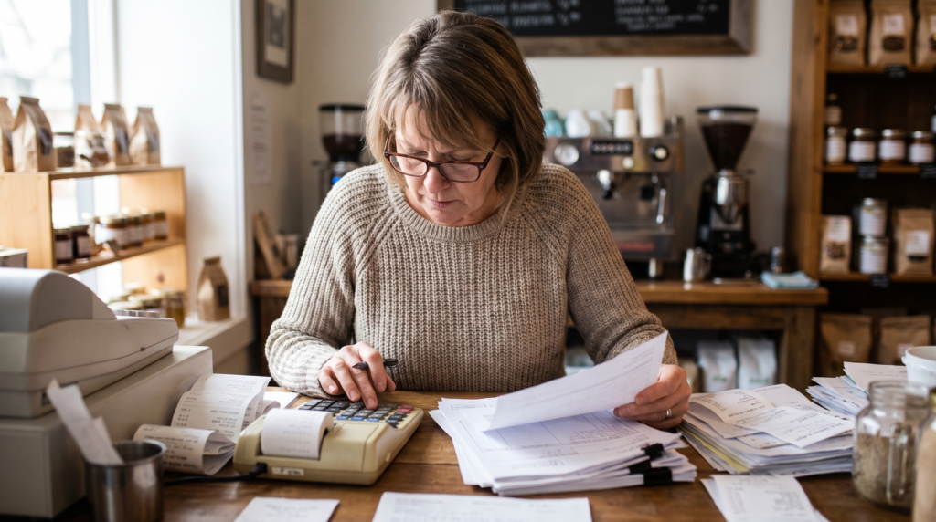Small business owner reviewing printed tax filing documents at a shop counter
