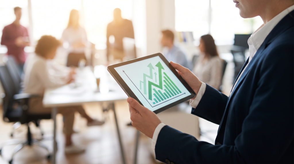 Upward trending business growth line chart on a tablet screen