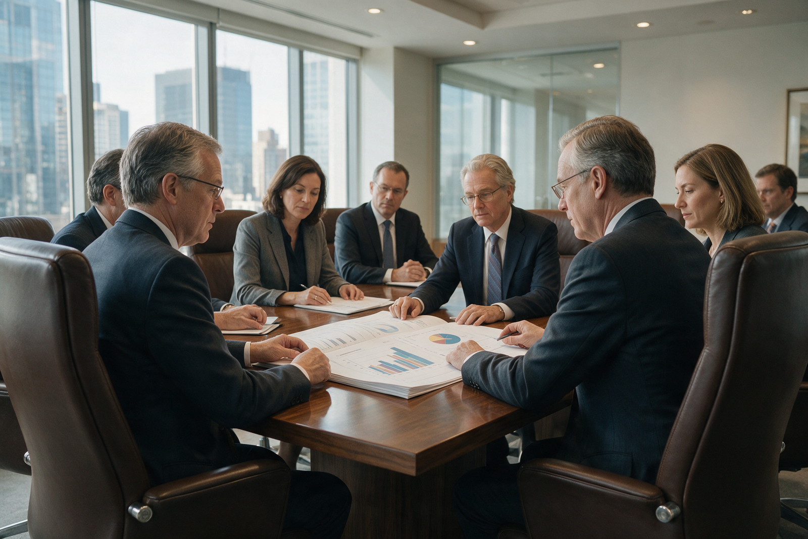 Financial lawyers reviewing a prospectus document in a boardroom meeting