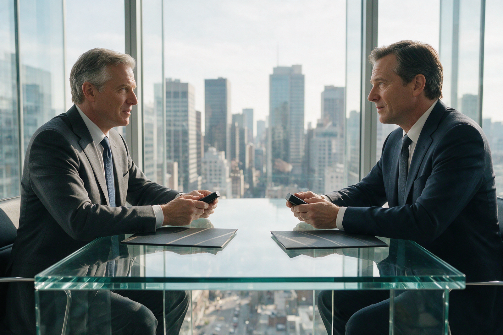 Corporate executives negotiating a merger agreement at a conference table