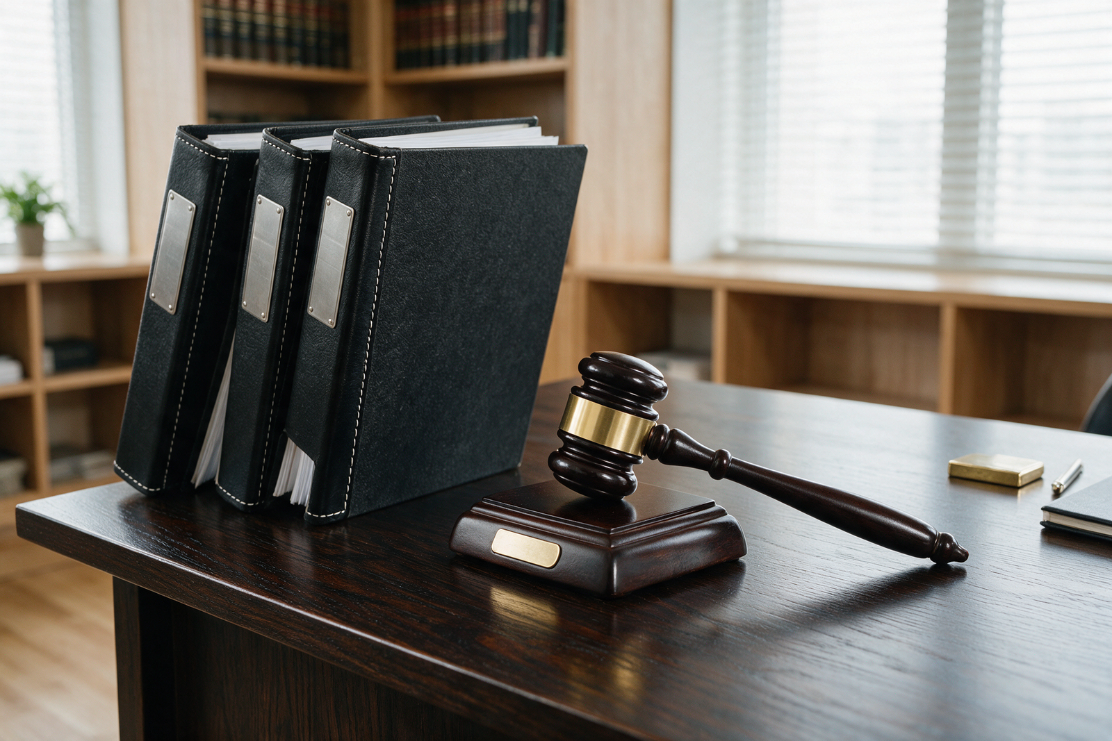 Gavel resting beside legal compliance binders in a modern law office