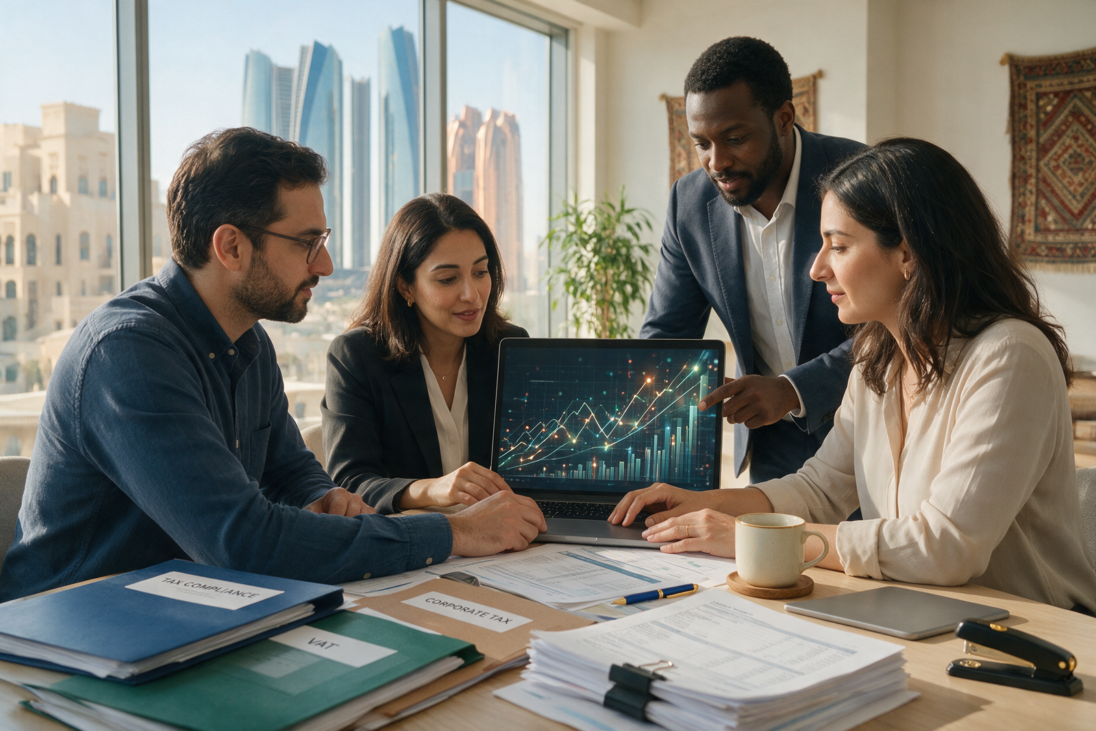 Accounting team collaborating on tax compliance data in a UAE office