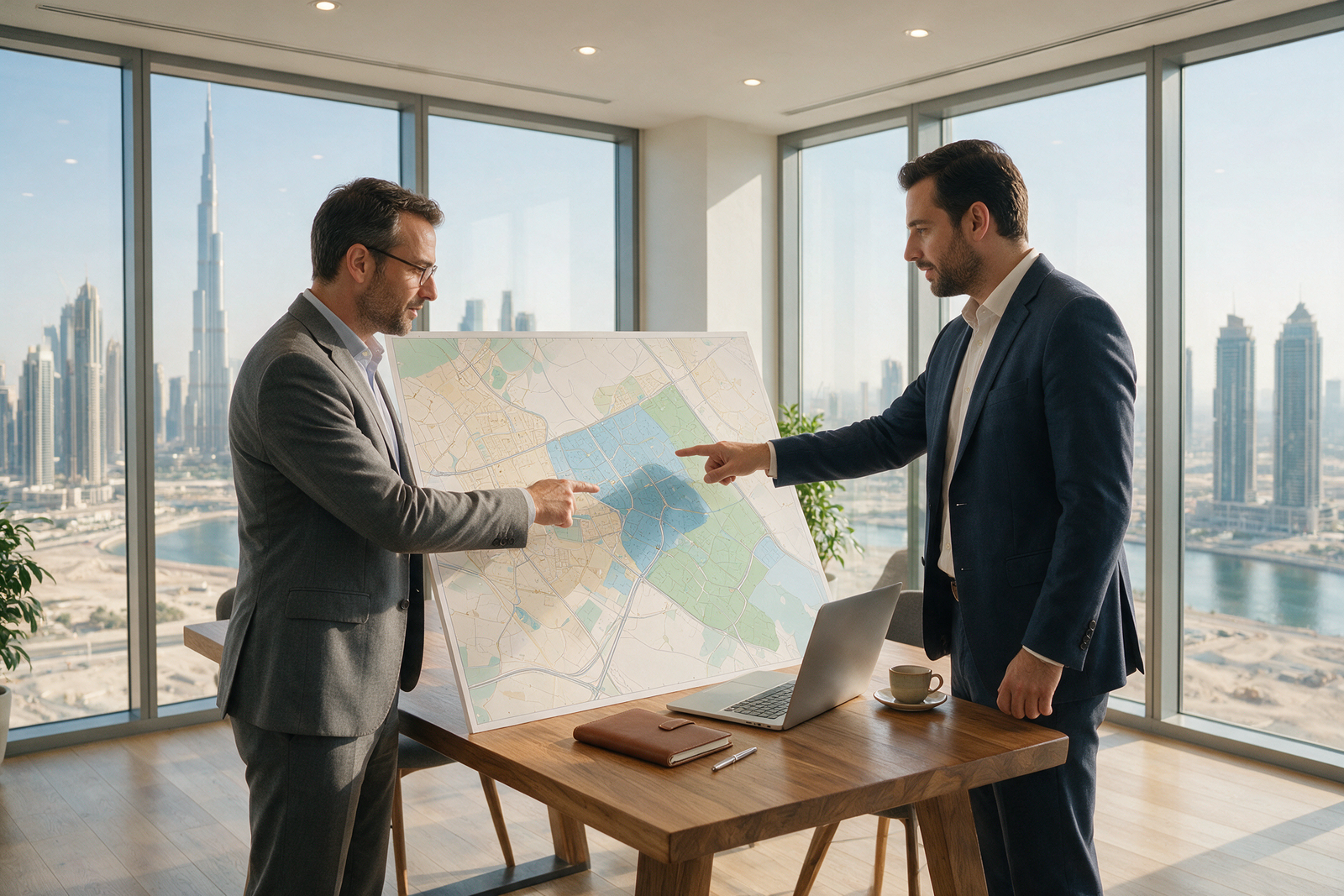 Business advisors reviewing a Dubai free zone and mainland business zone plan