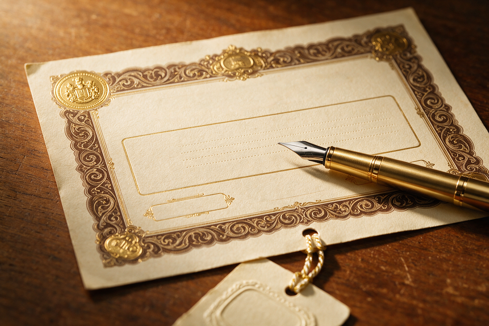 Close-up of an ornate share certificate document with a pen
