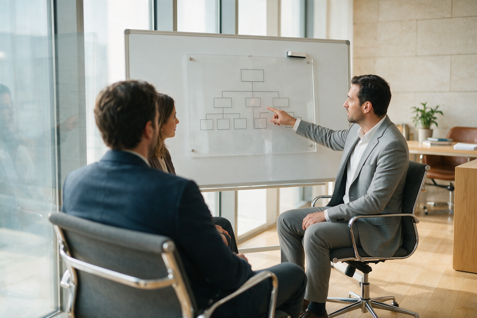 Corporate lawyer explaining a company ownership structure diagram to clients