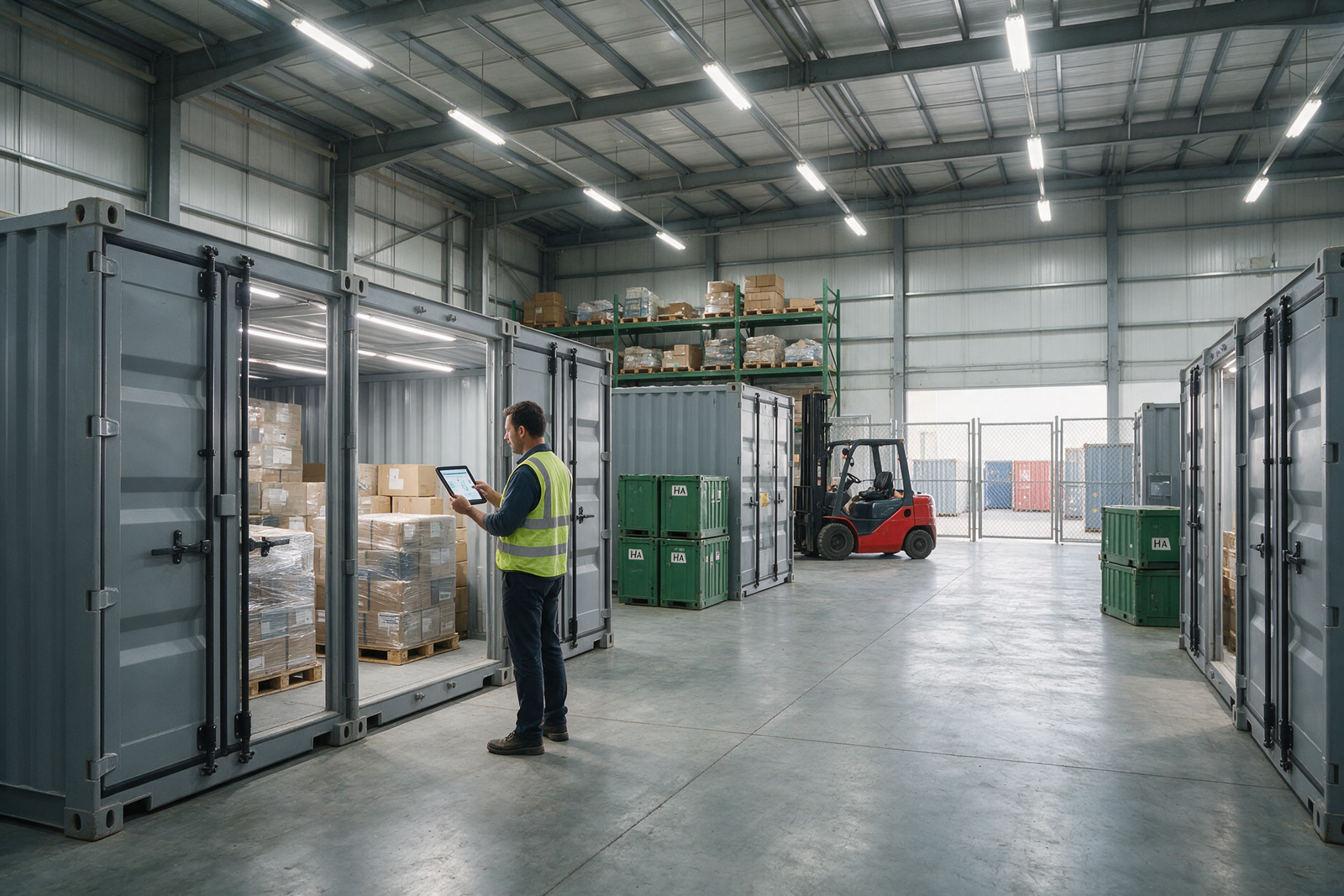 Distribution manager checking inventory in a UAE free zone logistics warehouse