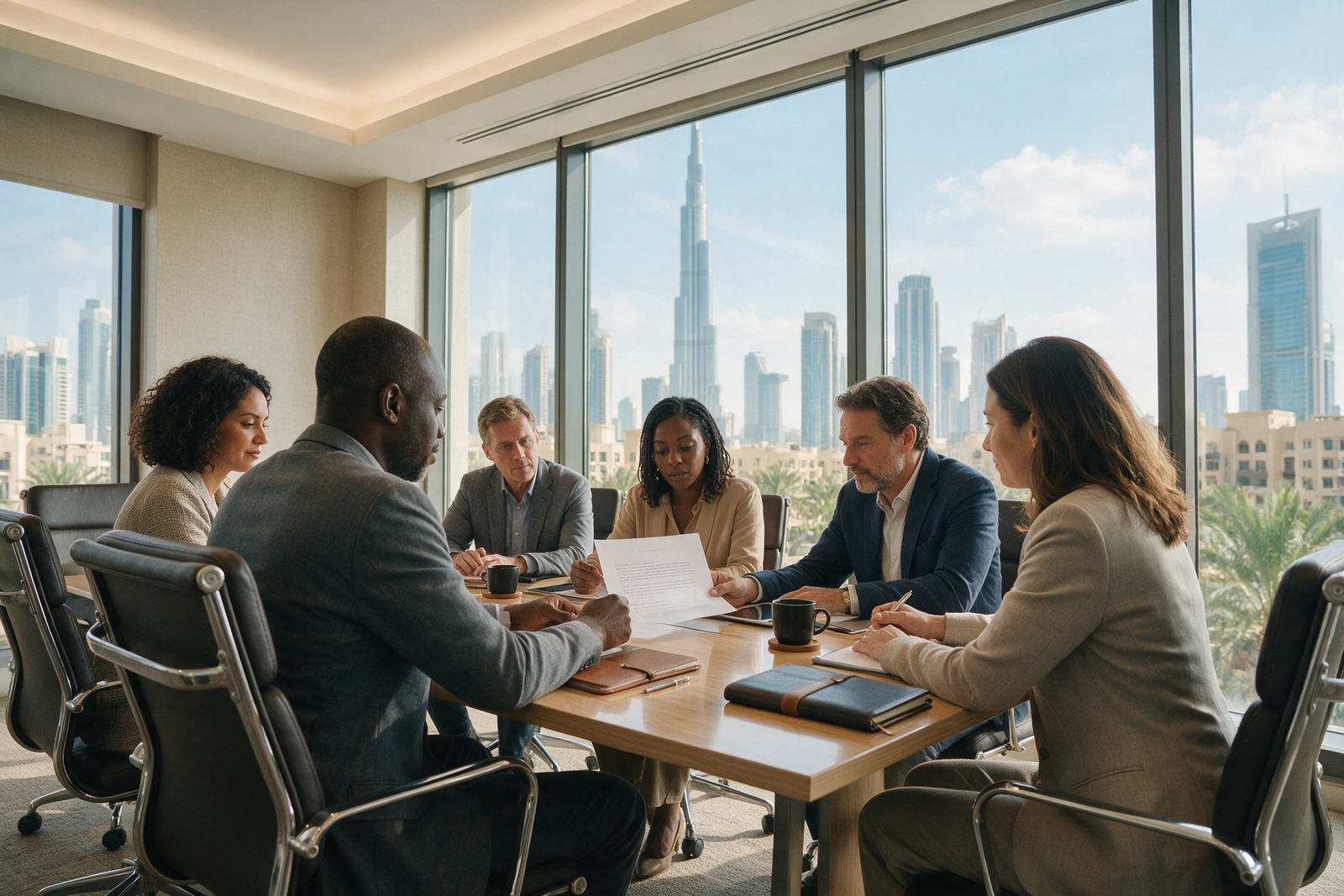Non-profit board members reviewing a mission statement document in a Dubai meeting room