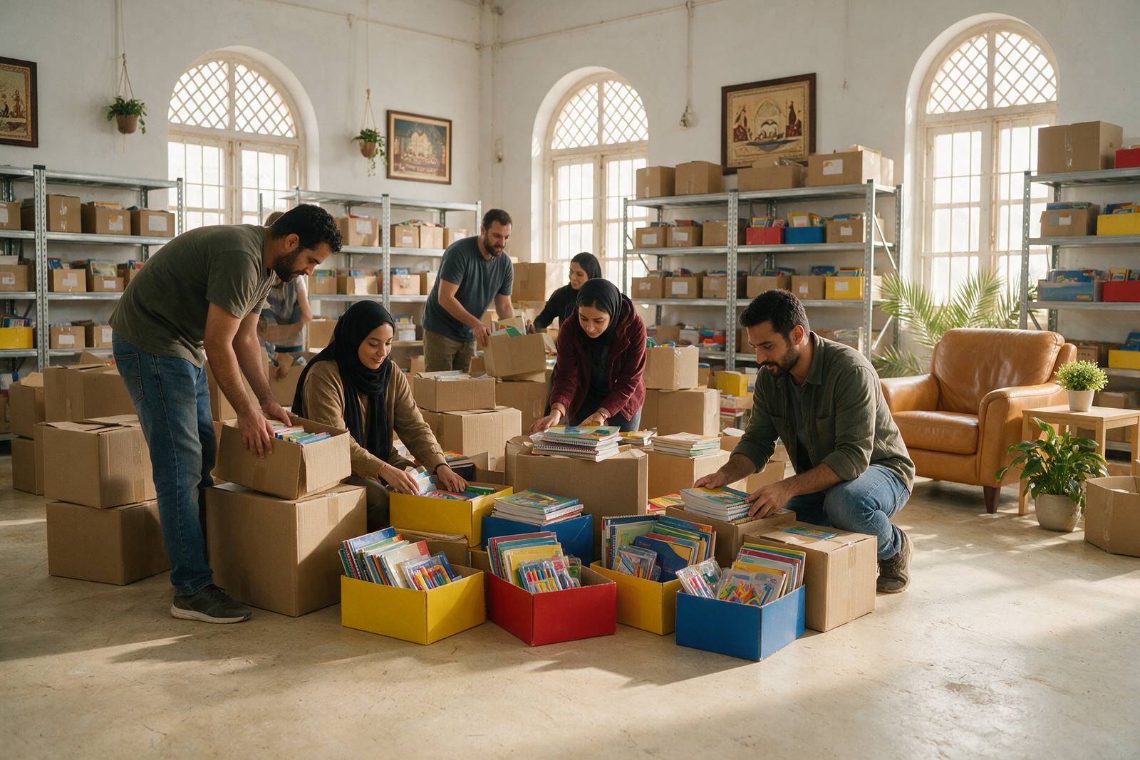 Volunteers organizing donation boxes in a UAE community warehouse