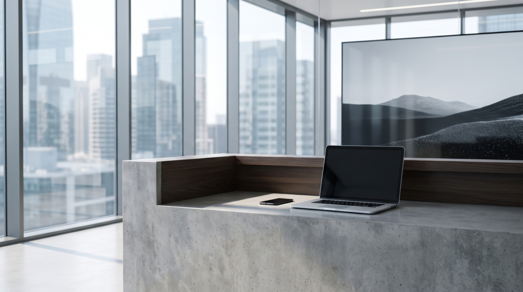 Minimalist virtual office reception desk with a laptop and phone