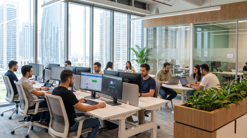 Busy physical office space with employees working at desks