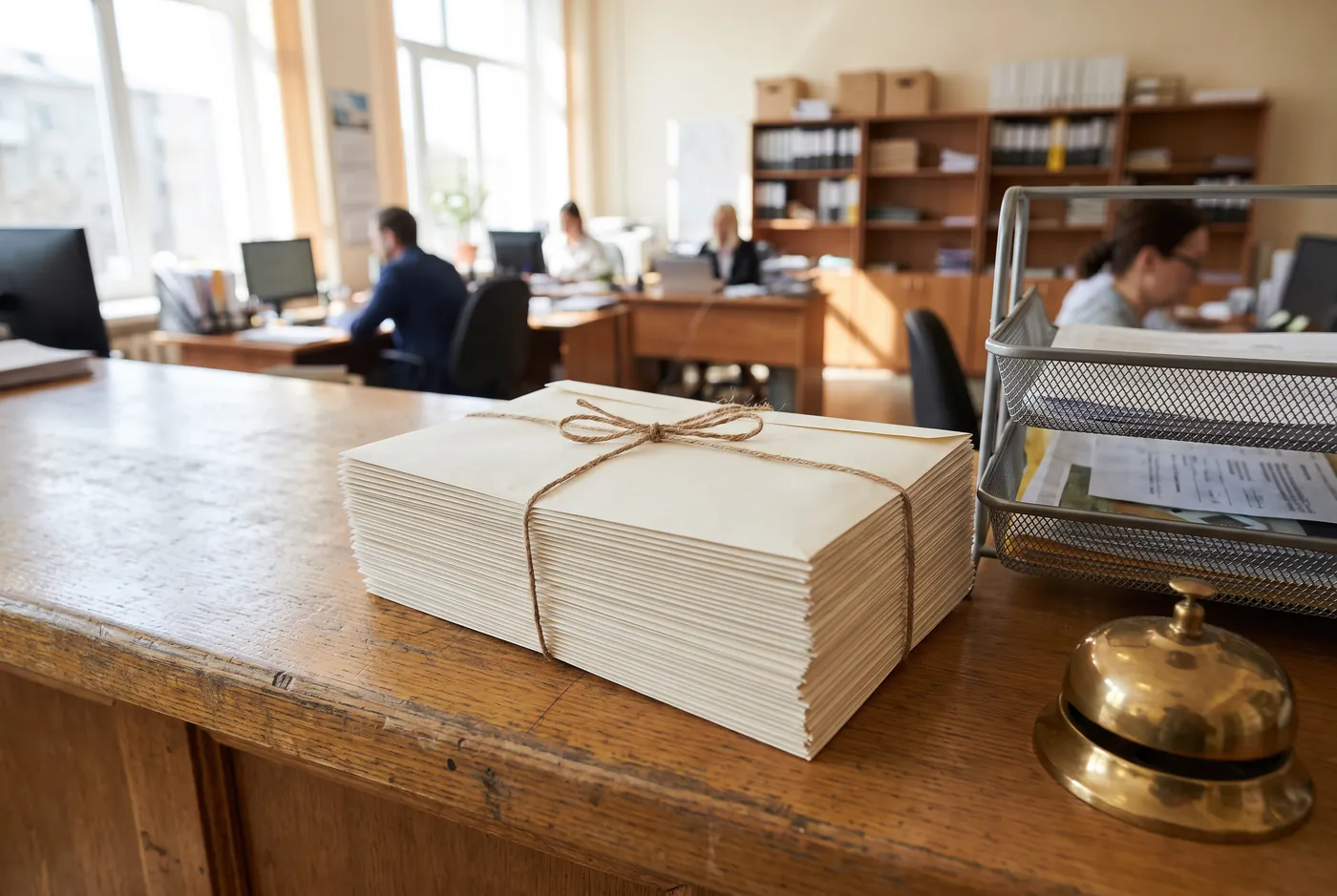 Stack of sealed cream envelopes tied with twine on a service counter