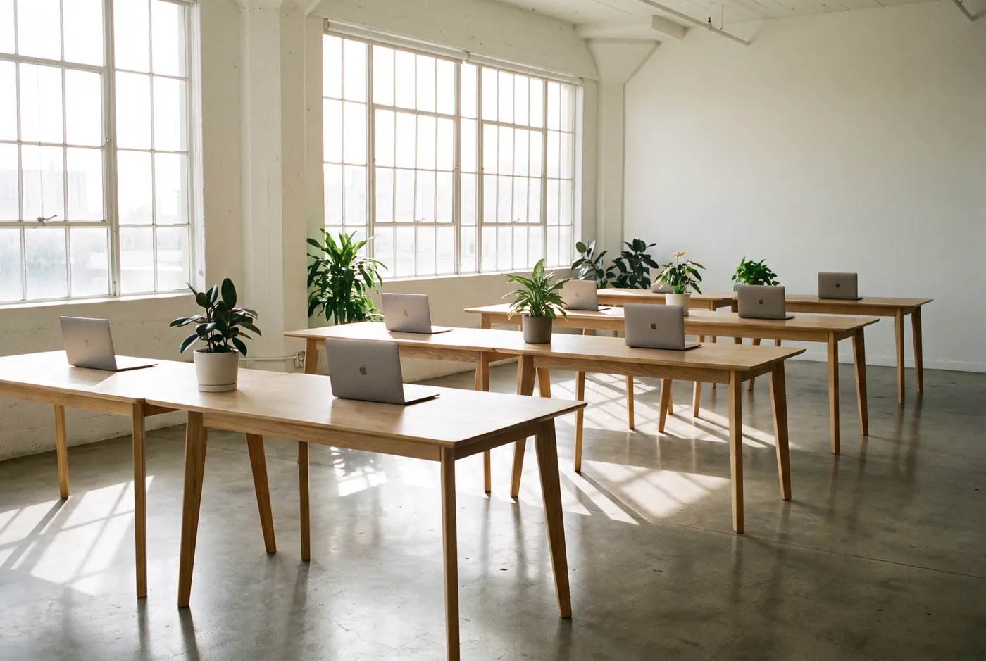 Bright shared flexi-desk workspace with empty desks and plants