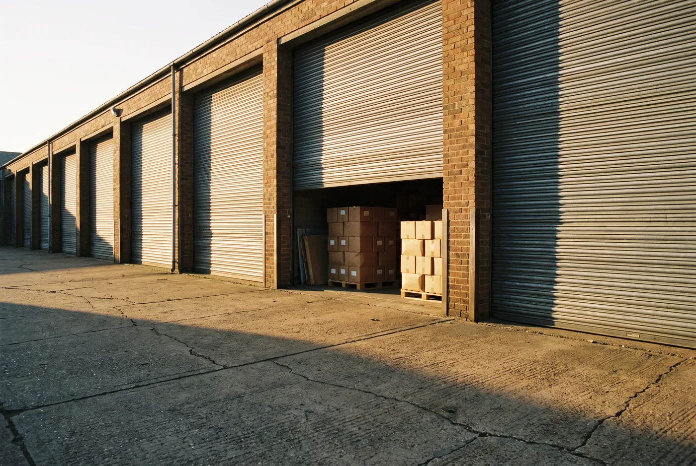 Row of roller-shutter doors on industrial units, one open with stacked cartons