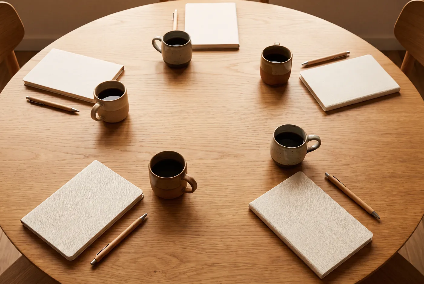 Overhead view of a round meeting table with coffee cups and blank notebooks
