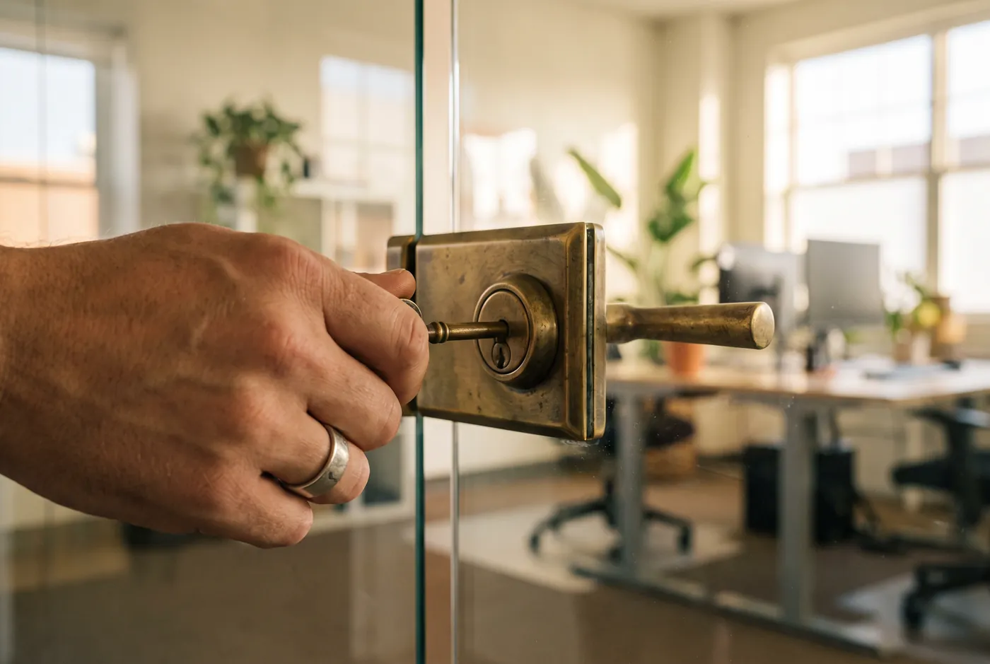 Hand turning a brass key in a glass office door
