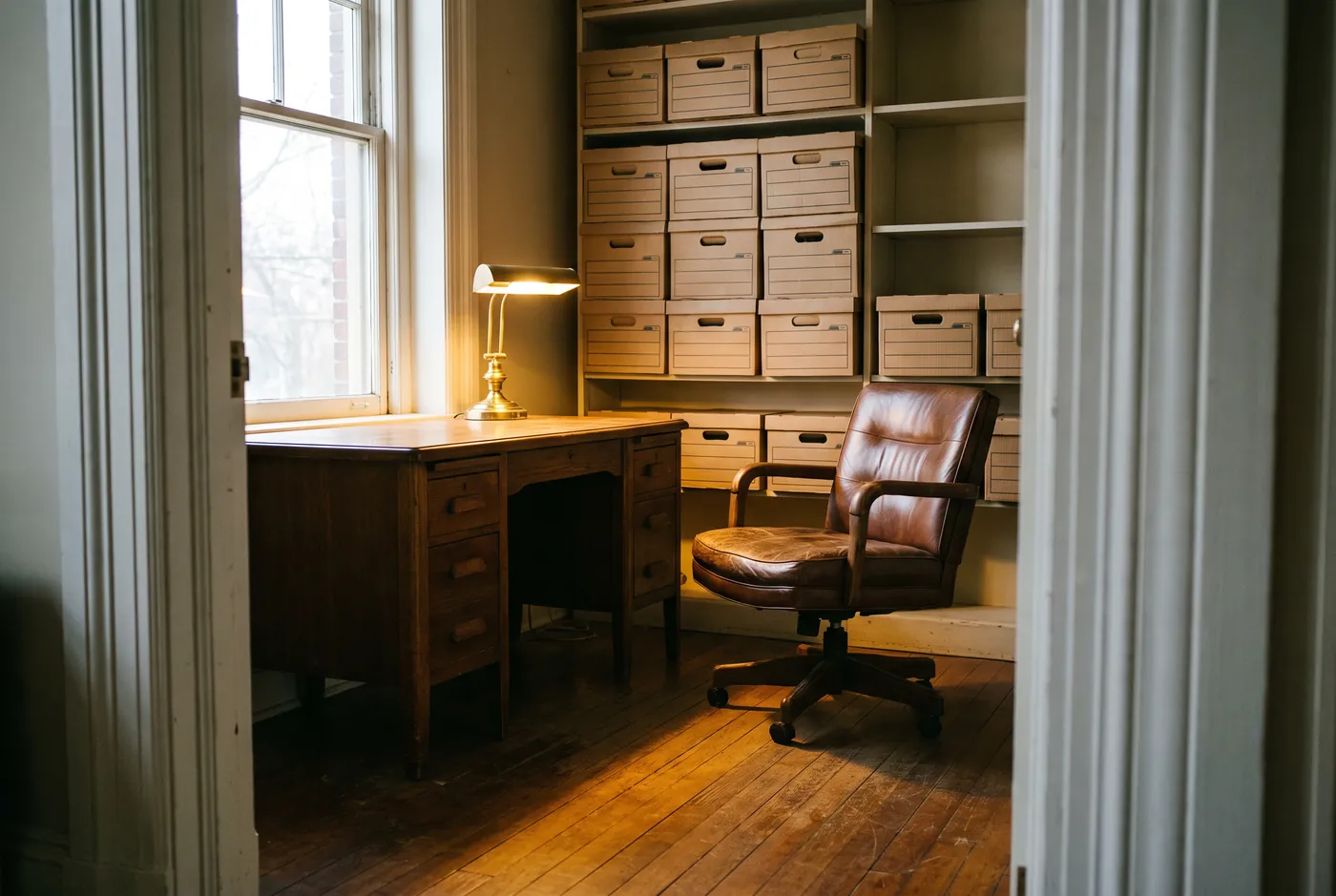 Small private office with a wooden desk, desk lamp and box files