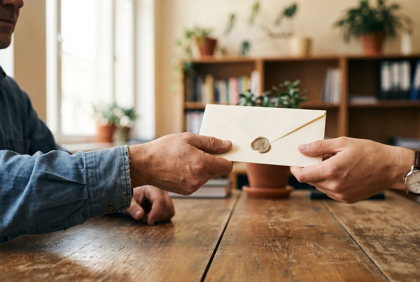 Two hands exchanging a sealed cream envelope across a wooden desk