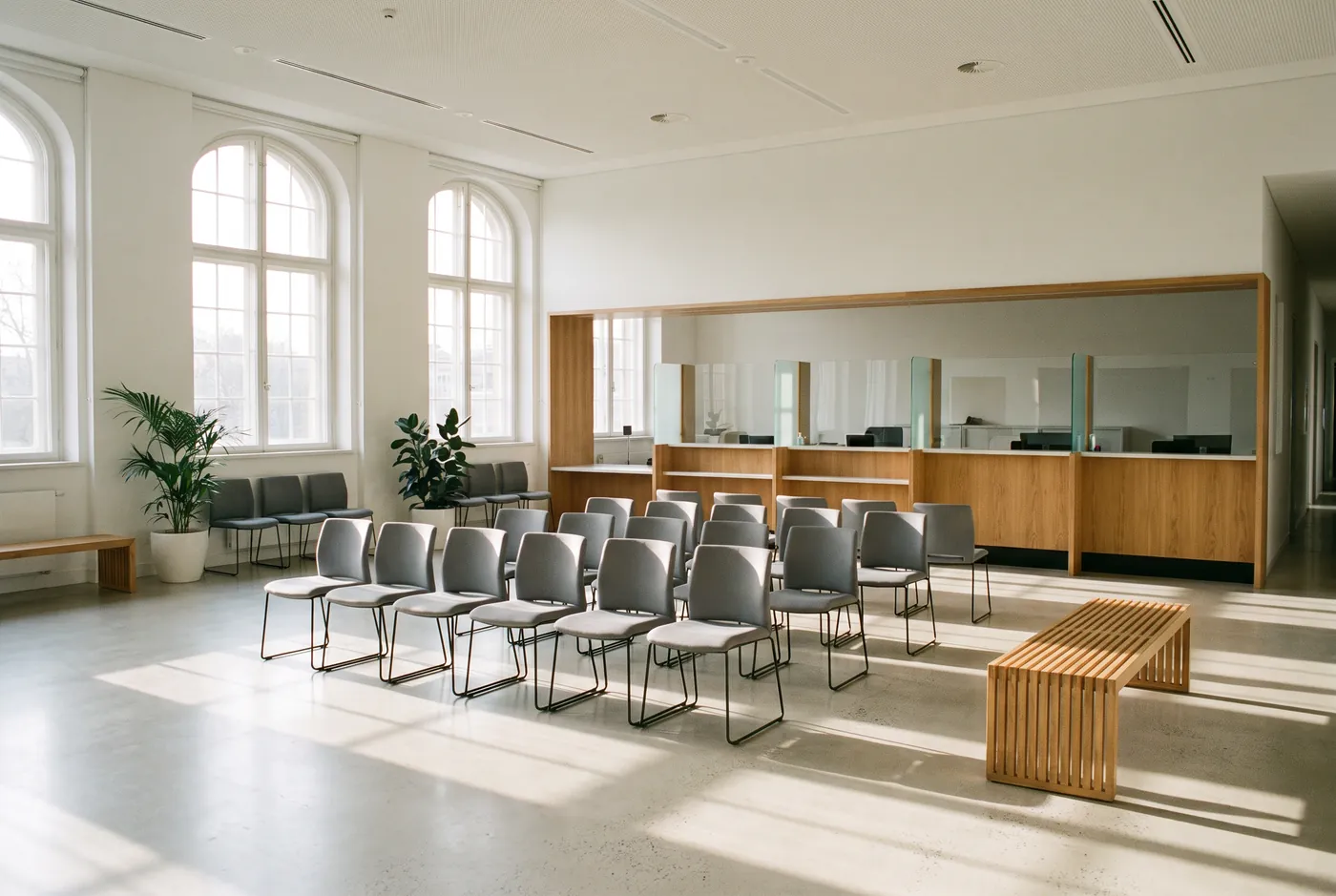 Empty waiting hall of a government service centre with grey chairs and a counter