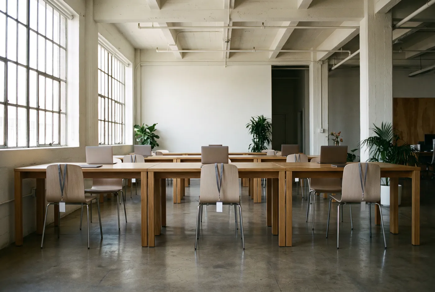 Open-plan office with identical desks, laptops and lanyards on the chairs
