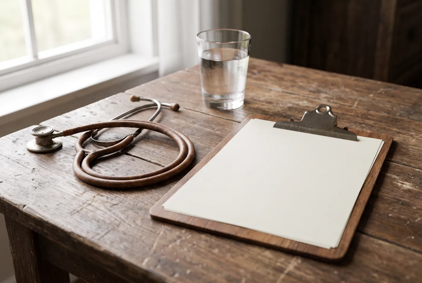 Stethoscope coiled on a wooden desk beside a blank clipboard