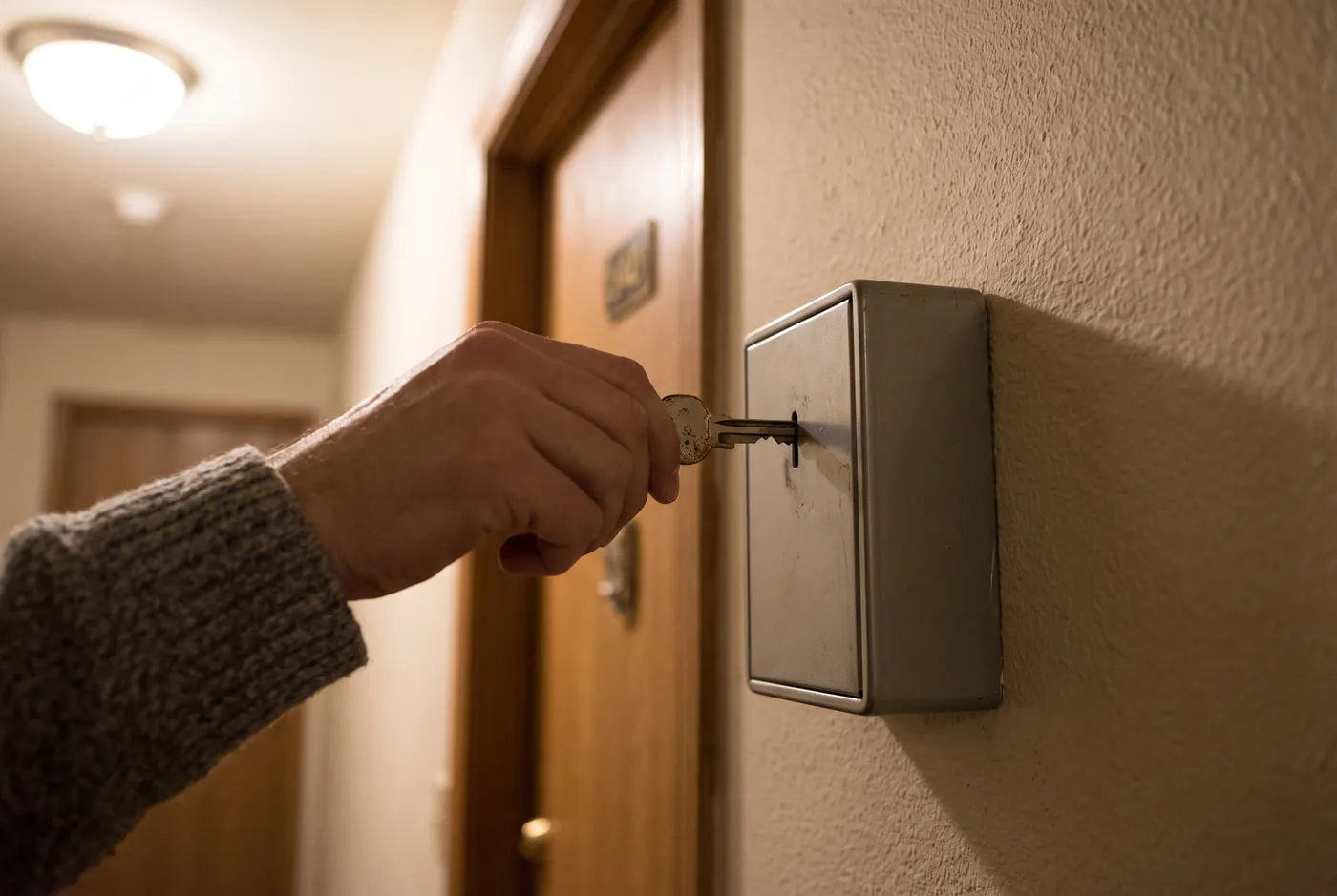 Hand placing a key into a wall-mounted key lockbox beside an apartment door