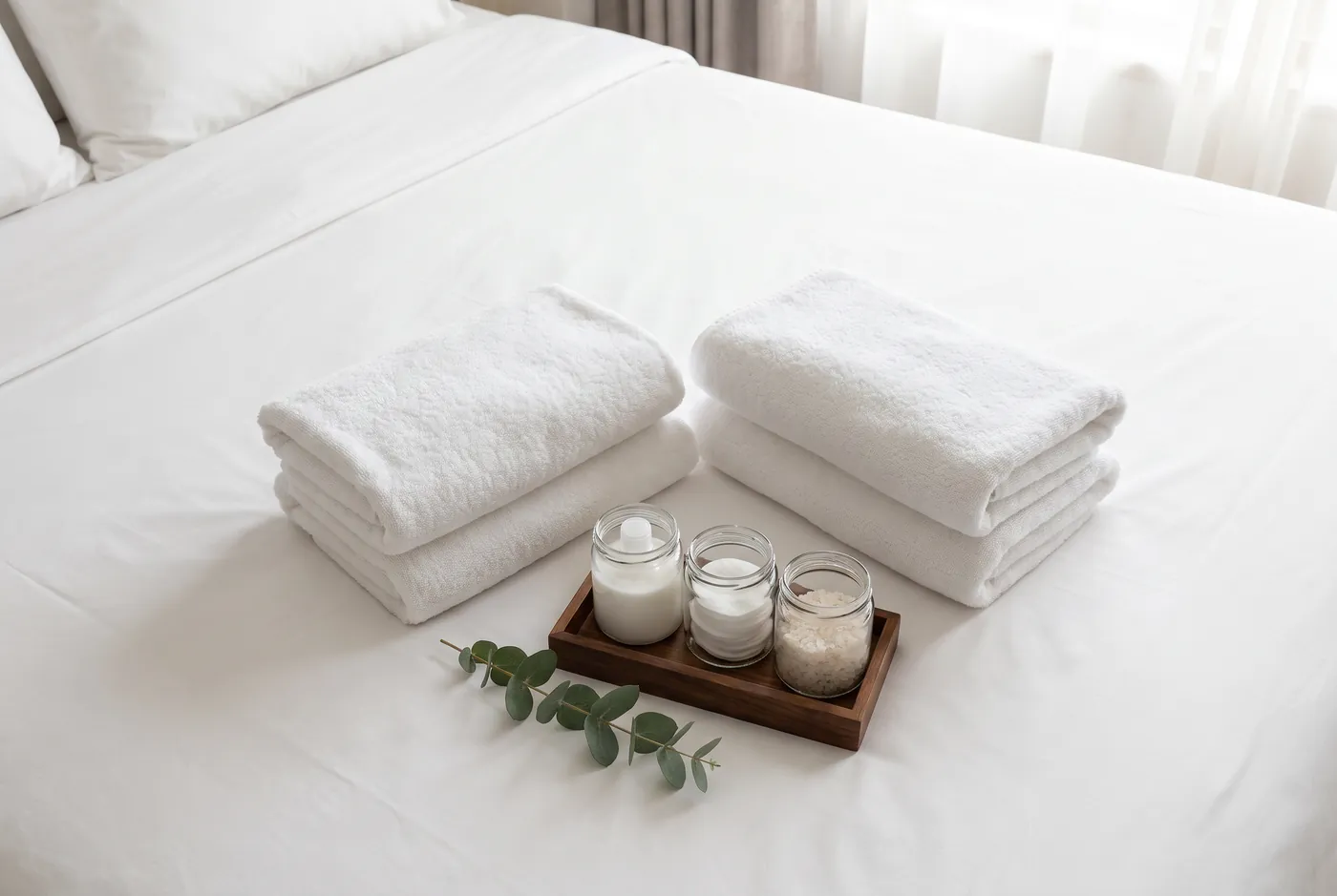Folded white towels and toiletries on a made bed with eucalyptus