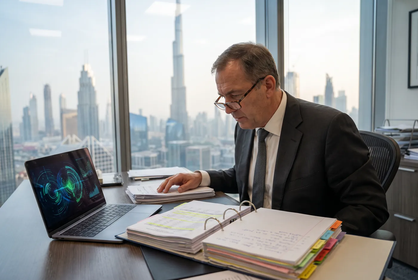 Compliance officer reviewing tabbed rulebooks beside a laptop in a Dubai office