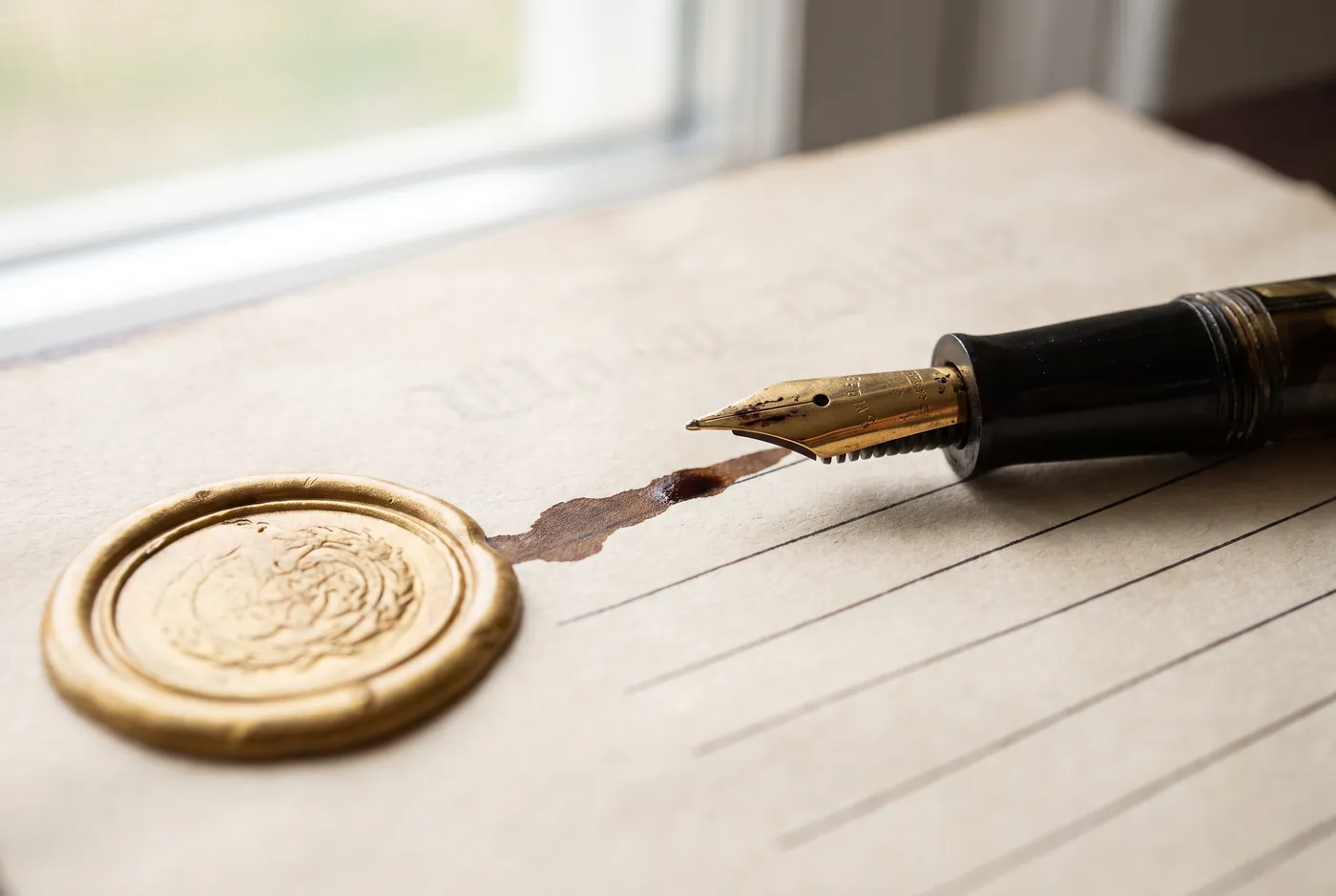 Fountain pen signing a document beside a gold wax seal