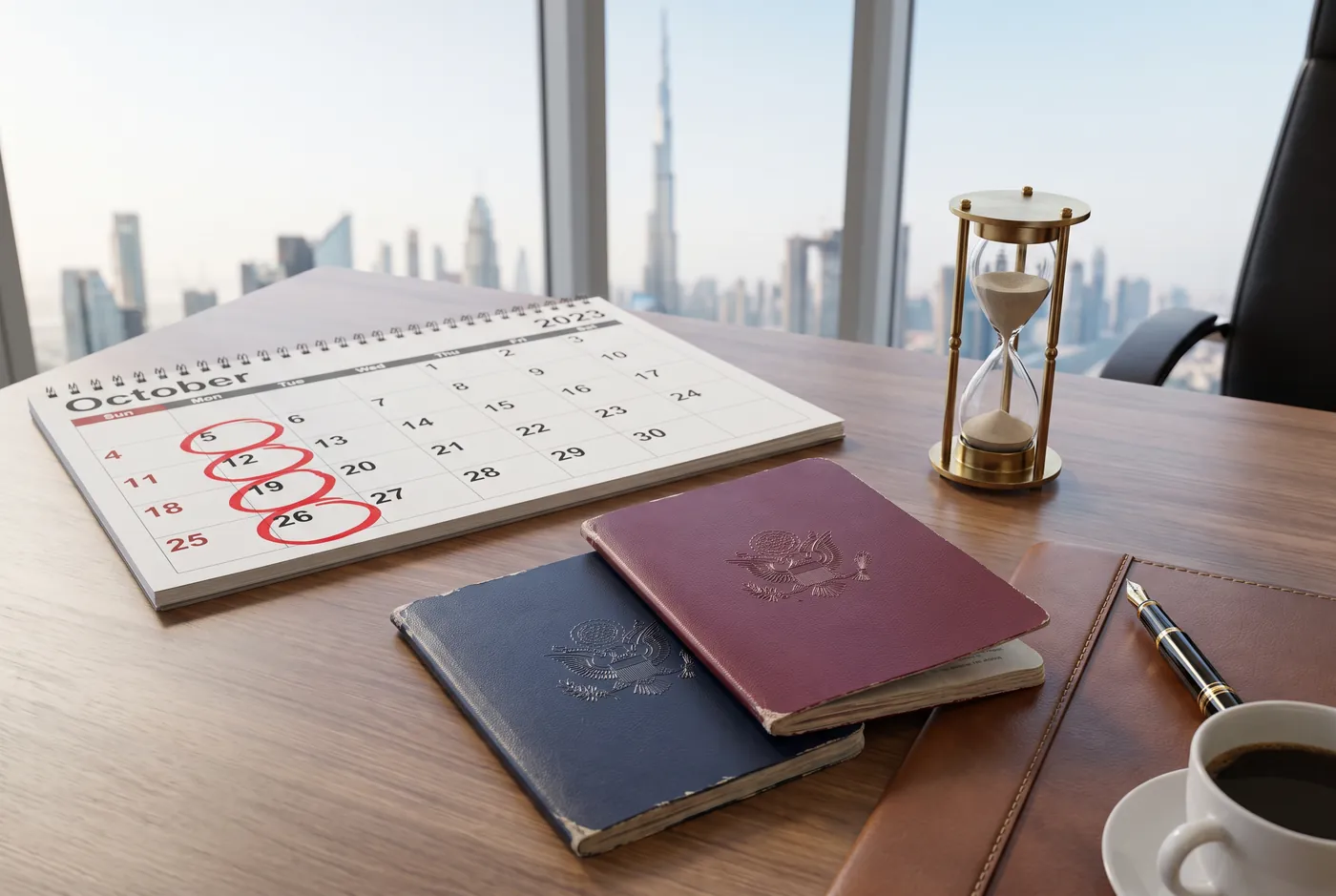 Two passports, a desk calendar with circled dates and an hourglass on an office desk