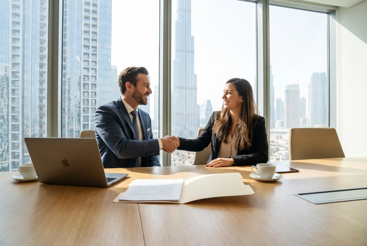 Two professionals shaking hands across a meeting table with a candidate folder in a Dubai office