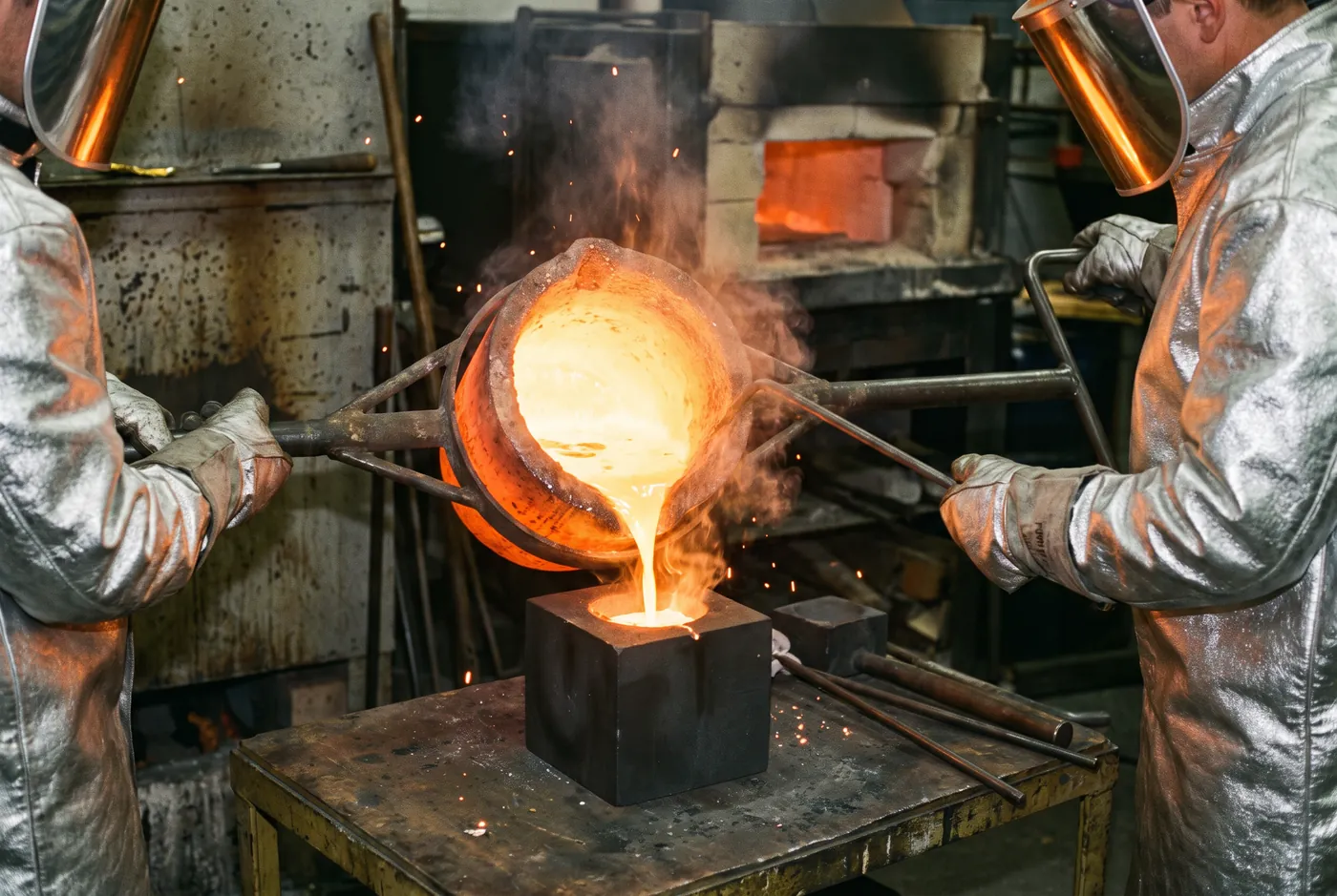 Molten gold being poured into a mould at a refinery