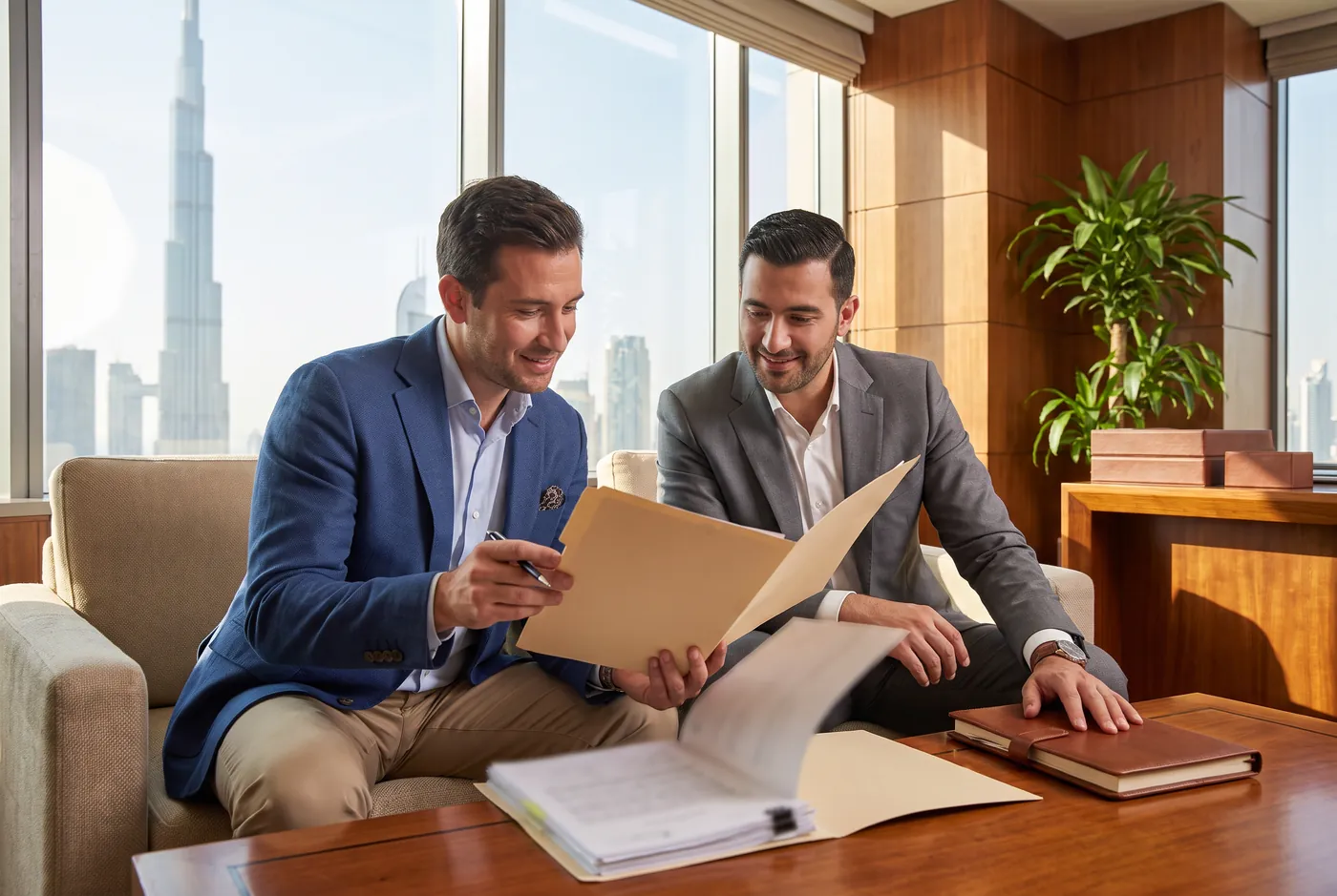 Banker and client reviewing a folder together in a private Dubai office