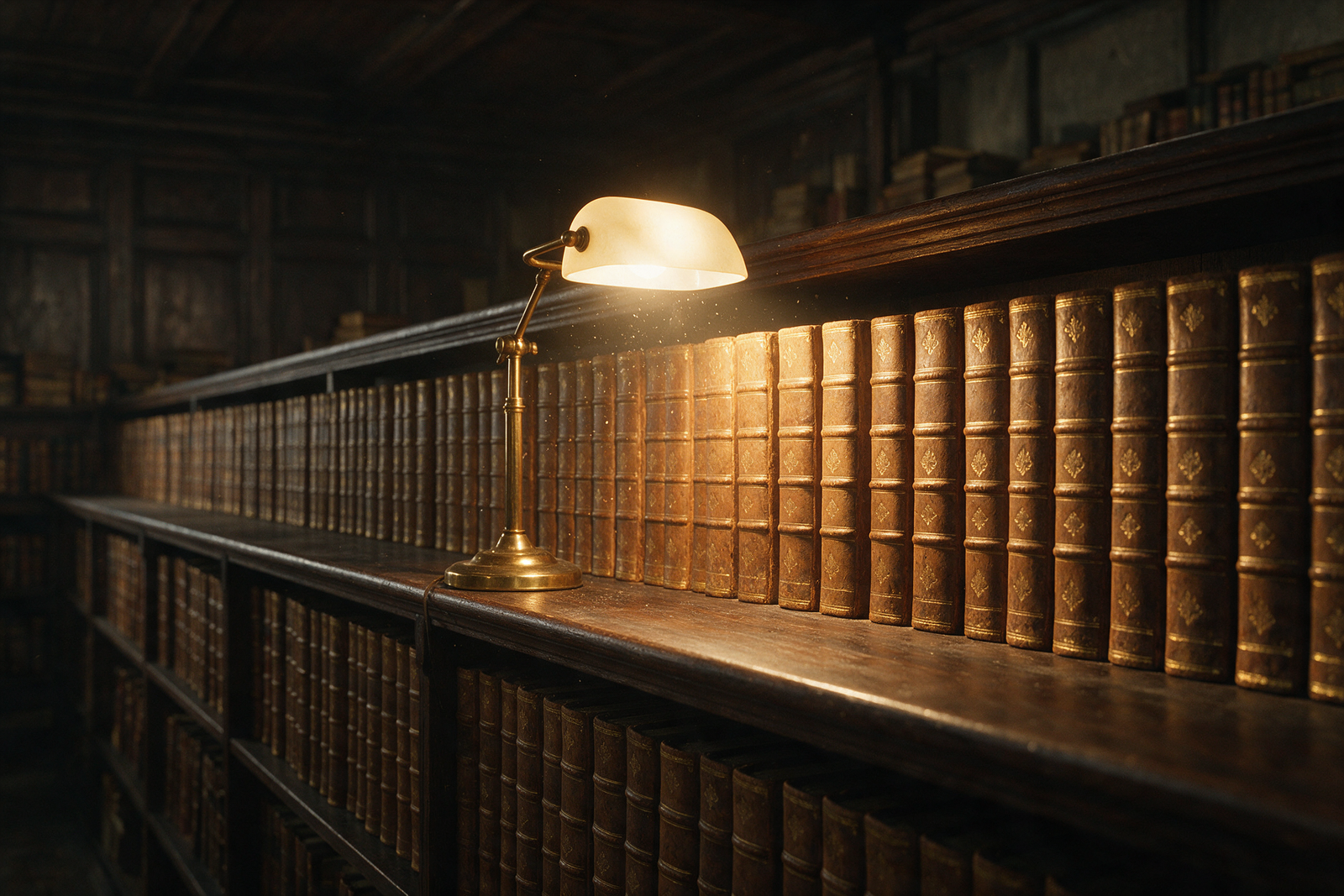 Row of leather-bound ledgers on a long shelf lit by a brass desk lamp