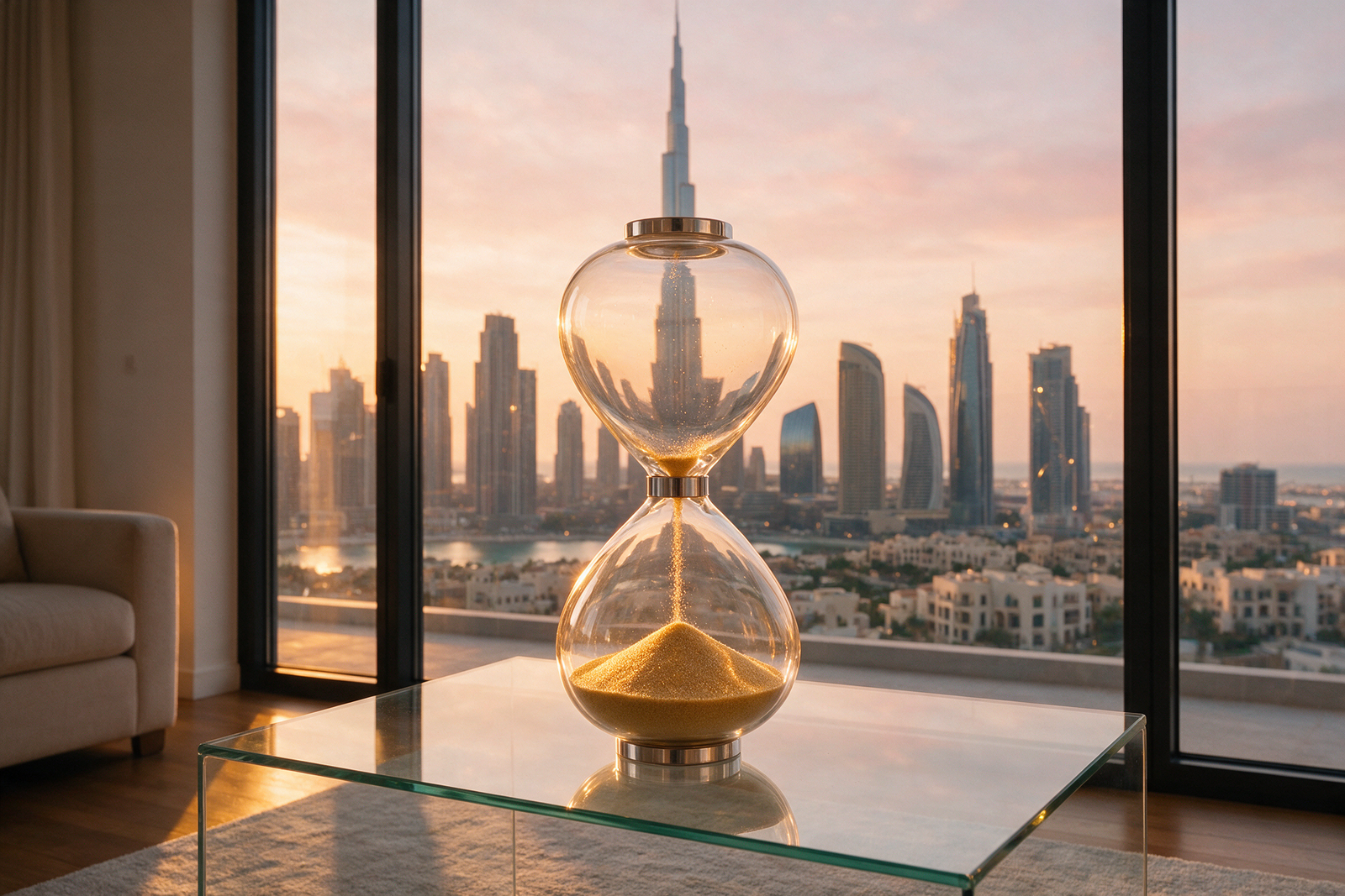 Sand timer on a glass table with the Dubai skyline at dusk behind it