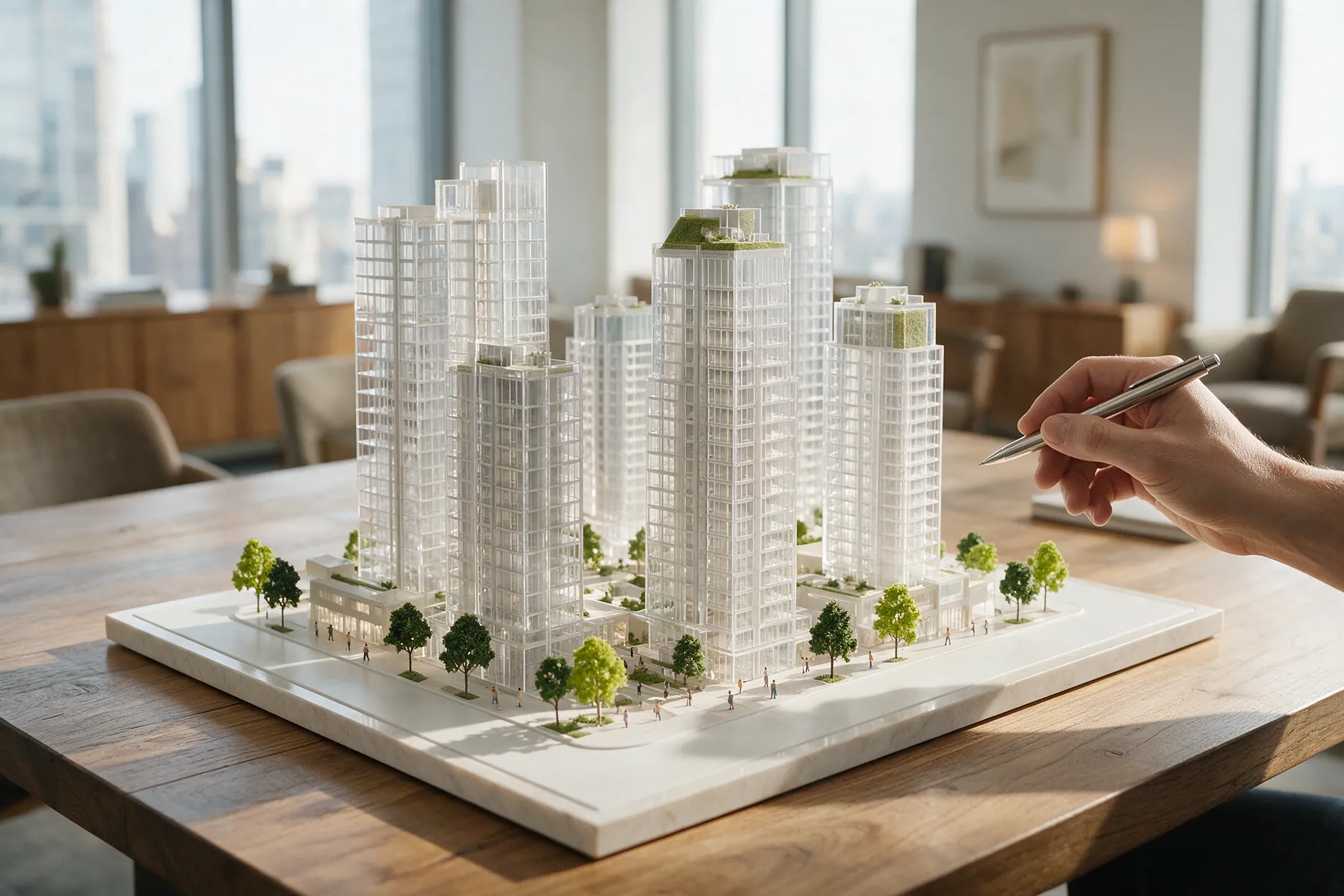 Architectural scale model of a residential tower development with a hand pointing at it with a pen